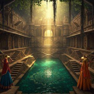 A majestic ancient Indian stepwell carved deep into the earth, with intricate geometric patterns and multiple levels descending into crystal-clear turquoise water. The structure features ornate Gujarati and Rajasthani architectural elements with detailed stone carvings of deities and mythological scenes. The steps create a mesmerizing zigzag pattern, adorned with traditional mandala designs and lotus motifs in gold and deep maroon. Rays of golden sunlight pierce through the structure, creating dramatic light beams that reflect off the water. In the foreground, two Indian women in traditional ghagra cholis (one in peacock blue, one in saffron) carry brass water vessels, their jewelry glinting in the light. The scene is surrounded by ancient banyan trees with hanging roots. The lighting is mystical and ethereal, with a soft haze creating a dreamy atmosphere. Art style combines hyperrealistic architectural details with spiritual symbolism, rendered in rich, deep colors typical of Rajasthani miniature paintings but with modern digital finesse. The perspective should be slightly tilted to emphasize the stepwell's depth and grandeur.