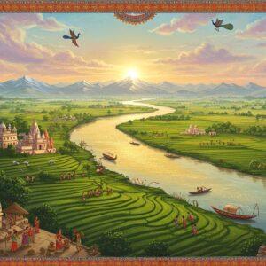 A majestic aerial view of the serpentine Ganges River flowing through lush green plains, rendered in vibrant Madhubani art style with modern digital aesthetics. The river glows with a divine golden shimmer, while traditional boats with intricate patterns dot its waters. The landscape features a harmonious blend of terraced rice fields in emerald green, ancient temples with detailed architecture, and small villages with traditional mud houses. In the foreground, a group of farmers in traditional Indian attire work in the fields, while women in colorful sarees carry water pots. The sky features soft pastel clouds with peacock blue undertones, and floating lotus flowers and mandalas frame the scene. Sacred birds like peacocks and cranes soar above. The scene transitions from the snow-capped Himalayas in the background to the fertile plains, showcasing the geographical diversity. Intricate Madhubani patterns in deep maroon and saffron highlight the borders, while a subtle golden glow bathes the entire scene, creating a mystical atmosphere. The style combines hyperrealistic geographic details with traditional Indian art patterns, rendered in 8K resolution with cinematic lighting.
