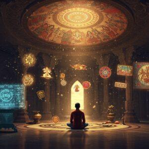 A majestic ancient Indian library setting with towering carved stone pillars, where a young Indian scholar in modern clothing sits cross-legged on an ornate marble floor, surrounded by floating, glowing symbols representing different aspects of Indian culture. To their left, a holographic projection shows Sanskrit manuscripts and Devanagari scripts in golden light. To their right, intricate Madhubani-style paintings come alive, depicting scenes from the Ramayana. Above, a large circular mandala ceiling features animated vignettes of Indian classical dance, yoga poses, and architectural marvels like the Taj Mahal and Konark Sun Temple. The scene is illuminated by warm, ethereal light filtering through traditional jaali patterns, creating geometric shadows. Ancient artifacts like copper vessels, bronze sculptures, and palm leaf manuscripts are arranged in a spiral pattern around the scholar. The color palette combines deep royal blues, burnished golds, and rich maroons with modern gradient lighting effects. The overall composition blends Pattachitra art style with contemporary digital aesthetics, creating a seamless bridge between ancient wisdom and modern interpretation. Soft particle effects suggest spiritual energy, with small points of light drifting upward like fireflies.