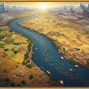 A majestic aerial view of the Indus River flowing through diverse landscapes, rendered in rich traditional Indian art style with modern digital aesthetics. The river, depicted in deep sapphire blue with golden sparkles, winds like a sacred serpent from the snow-capped Himalayas through lush green valleys, golden deserts, and fertile plains. Intricate Madhubani-style patterns in gold and saffron decorate the riverbanks, while miniature ancient cities and temples dot the landscape in peacock blue and maroon. The scene features delicate mandala-like irrigation patterns in the agricultural lands, with subtle lotus motifs flowing within the river. Ethereal mist rises from the mountains, creating a dreamy atmosphere. The composition includes small boats with traditional designs, farming settlements, and wildlife in intricate Pattachitra style. The lighting creates a dramatic golden hour effect, with soft glowing highlights on the water and mountain peaks. The overall scene is viewed through a mystical, surreal lens, combining geographical accuracy with spiritual symbolism, rendered in a style merging traditional Indian artforms with modern digital art techniques.
