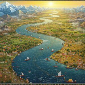 A majestic aerial view of the Indus River flowing from the snow-capped Tibetan mountains through dramatic landscapes, rendered in rich traditional Indian art style. The river, depicted in deep sapphire blue with golden sparkles, serpentines through the frame like an ancient serpent. The scene transitions from the mountainous origin (showing pristine glaciers in cool blues and whites) through fertile valleys (in emerald greens and earth tones) to the delta region (in warm golds and browns). Intricate Madhubani-style patterns form the riverbanks, featuring traditional motifs of fish, crops, and village life. The delta region spreads like a golden fan meeting the Arabian Sea, decorated with intricate Pattachitra-style details of mangroves and marine life. Ethereal mist rises from the river, creating a dreamlike atmosphere with soft glowing highlights. Small boats with Indian fishermen dot the lower portion, while the upper portion shows snow-capped peaks with prayer flags. The composition follows a diagonal flow from top left to bottom right, with a surreal gradient sky transitioning from dawn colors at the mountains to dusk hues at the delta. The scene is illuminated by a combination of golden sunshine and spiritual aura, emphasizing the river's sacred nature.
