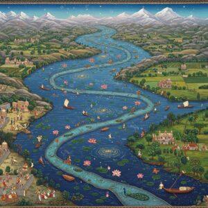 A majestic aerial view of the Indus River system rendered in traditional Madhubani art style with modern digital aesthetics, showing five distinct tributaries flowing like golden-blue serpents through the landscape. The rivers are depicted with intricate patterns in deep indigo and turquoise, merging into the main Indus River shown in royal blue and gold. The surrounding terrain features detailed miniature paintings of ancient Indian civilizations, temples, and farmers along the riverbanks. Sacred lotus flowers float on the water surfaces, with mandala-like ripples emanating from them. The scene is illuminated by a soft, ethereal glow, with scattered light particles creating a mystical atmosphere. Small boats with Indian traders dot the waterways. The landscape transitions from the snow-capped Himalayas in the background to fertile plains in rich emerald greens. Peacocks and other native wildlife are intricately detailed along the riverbanks. The art style combines photorealistic water effects with traditional Indian patterns and motifs, enhanced by a color palette of deep blues, gold, turquoise, and emerald green.