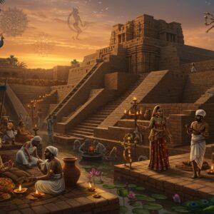 An ancient marketplace in the Indus Valley civilization at dusk, featuring intricately detailed Great Bath of Mohenjo-daro in the background with its precise brick architecture and stepped sides. In the foreground, beautifully dressed Indian traders in traditional Indus Valley attire (draped cotton garments with trefoil patterns) exchange goods. The scene includes authentic Indus Valley artifacts - bronze figurines, steatite seals with unicorn motifs, terracotta pottery with geometric designs, and lapis lazuli jewelry. The lighting combines warm golden sunset hues with glowing oil lamps, creating dramatic shadows on the architectural elements. The style merges Madhubani art's intricate patterns with digital precision, using rich colors like deep indigo, burnt sienna, and gold. Floating mandalas and sacred geometry patterns appear subtly in the sky, while the iconic dancing girl bronze statue stands prominently in a corner. Water flows through the sophisticated drainage systems, reflecting the advanced engineering. The scene is framed by blooming lotus flowers and peacocks, with the Unicorn seal symbol appearing as a ghostly watermark in the atmosphere, all rendered in a hyper-detailed, photorealistic style with subtle fantasy elements.