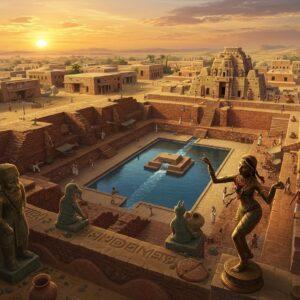 A majestic aerial view of a meticulously detailed Harappan city at sunset, featuring the iconic Great Bath of Mohenjo-daro in the center with pristine blue water reflecting golden light. The city showcases perfect grid-pattern streets lined with two-story burnt brick houses, complete with sophisticated drainage systems visible through artistic cross-sections. In the foreground, a beautifully detailed bronze dancing girl statue comes to life, wearing traditional bangles and necklaces, positioned next to the famous bearded priest statue and the unicorn seal. The background shows bustling trade activities with merchants carrying pottery and copper tools. The scene incorporates intricate Harappan motifs and symbols, including the famous swimming elephant seal patterns and trefoil patterns. The color palette combines rich terracotta reds, warm sandstone yellows, and deep indigo blues. The art style merges hyperrealistic architectural details with ethereal lighting, creating a magical yet historically accurate atmosphere. Decorative elements include flowing water elements, sacred fig trees, and authentic Indus Valley artifacts like the bronze bull and wheel-made pottery. The scene is rendered in a style that combines documentary precision with artistic magnificence, emphasizing the advanced urban planning and sophisticated culture of the civilization.