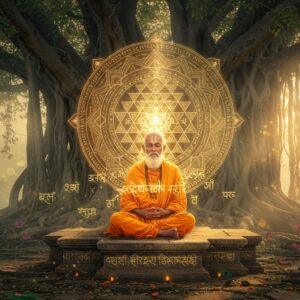 A serene Indian sage in ochre robes seated in padmasana on a carved stone platform, illuminated by ethereal golden light, against the backdrop of an ancient banyan tree with sprawling aerial roots. A giant, intricate Sri Yantra mandala floats behind him, rendered in glowing lines of white and gold. The sage's hands form the chinmudra, with floating Sanskrit verses materializing like golden light around him. The scene is set during sunrise, with rays of light filtering through morning mist. Multiple levels of reality are depicted through translucent layers - the physical world transitions into the subtle spiritual realm through graduated opacity. Decorative elements include lotus flowers, peacock feathers, and traditional Vedic patterns in deep maroon and peacock blue. The art style combines hyperrealistic digital painting with traditional Madhubani patterns in the details. Soft orbs of light float in the atmosphere, creating a mystical ambiance. The color palette focuses on deep golds, saffron, ivory, and celestial blues with a subtle ethereal glow throughout the composition.