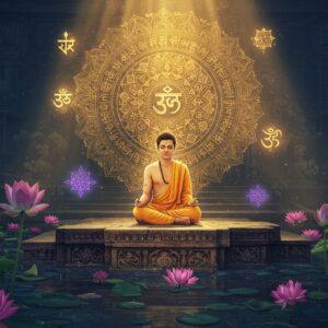 A serene Indian meditation scene featuring a young Indian spiritual seeker in a pristine white dhoti and angavastram, sitting in padmasana on a carved stone platform. Behind him, a large, intricate mandala in shades of gold and saffron glows ethereally, incorporating Devanagari script elements subtly woven into its pattern. Floating around him are semi-transparent, mystical visualizations of cosmic energy in soft blues and purples. Multiple lotus flowers in various stages of bloom surround the platform, some floating in still water below. The lighting is otherworldly, with rays of golden light streaming down from above, creating a divine atmosphere. The background features ancient temple architecture with traditional Vedic geometric patterns. Subtle, glowing Sanskrit symbols float in the air, rendered in a ethereal, smoky effect. The art style combines hyperrealistic digital painting with traditional Indian Madhubani patterns, emphasizing flowing lines and sacred geometry. The overall scene exudes peace, wisdom, and spiritual elevation, with a color palette of deep blues, burnished golds, and soft whites.