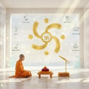 A serene, ethereal scene showing a young Jain monk in traditional white dhoti and muhpatti (mouth cloth) performing samayika meditation in a minimalist modern temple interior. The monk sits on a white marble floor with intricate Jain geometric patterns. Behind him, a massive abstract representation of the Jain symbol emerges in gold and crystal, featuring the three dots and curved swastika. Floating around him are delicate visualizations of the five main vows - ahimsa (dove), satya (mirror), asteya (closed treasure chest), brahmacharya (lotus), and aparigraha (empty hands releasing gold coins). Soft rays of morning sunlight filter through modern geometric windows, creating a dreamy atmosphere. In the foreground, a ceremonial sweeping brush (rayoharan) and wooden platform (kattha) are artistically placed. The color palette combines pristine whites, gentle golds, and subtle crystal blues. The scene is rendered in a fusion of traditional Jain manuscript painting style and contemporary digital art, with intricate patterns and modern minimalist elements. The lighting is ethereal with lens flares and particle effects suggesting spiritual energy.