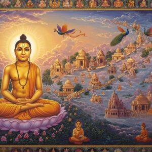 A serene panoramic scene depicting Lord Mahavira in golden light, seated in padmasana on a crystalline lotus platform, wearing simple white dhoti. His face radiates peace with half-closed eyes and gentle smile. Behind him rises a massive symbolic timeline showing ancient Indian architecture transitioning from elaborate stone temples to modern cities. The timeline curves like a river, dotted with intricate Jain temples in different architectural styles. Flying peacocks carry flowing ribbons showing the geographic spread from India to global locations. The foreground features the iconic Jain symbol of the hand with a wheel, rendered in luminous gold. Delicate ahimsa symbols float like flower petals. The color palette transitions from deep indigos and maroons to soft pastels. The scene is framed with traditional Jain manuscript-style borders featuring miniature scenes of meditation and teaching. Art style combines hyperrealistic digital rendering with traditional Indian miniature painting techniques. The lighting creates a divine atmosphere with rays of light filtering through clouds, emphasizing the spiritual nature of the scene. Intricate mandalas float in the background like celestial bodies.
