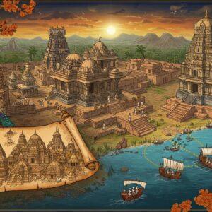 A majestic panoramic view of ancient Banavasi capital, rendered in rich Pattachitra style, showing grand stone temples with intricate carvings and stepped water tanks. In the foreground, a detailed architectural drawing unfolds like a scroll, featuring Kadamba-style temple architecture with their distinctive shikhara designs. The scene transitions into a 3D topographical map of Karnataka coastline, with golden trade routes glowing and connecting to ports. Ornate peacocks (the Kadamba royal emblem) in deep blue and gold perch on temple spires. Ancient Indian sailors in period-accurate clothing navigate ships along the coast. The color palette features deep indigo, burnished gold, terracotta red, and forest green. Intricate Kadamba-era coins and royal seals float in the corners, with mandala patterns connecting them. The lighting creates a dramatic effect with golden rays highlighting the architectural elements. The art style combines traditional Indian miniature painting techniques with modern digital art precision. The scene includes blooming Kadamba trees (Neolamarckia cadamba) with their distinctive orange spherical flowers.
