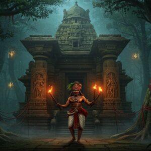 A majestic ancient Indian forest temple complex in the Western Ghats, with massive stone pillars adorned with intricate Kadamba-era carvings showing Bhoota Kola dancers. The temple architecture features the distinctive Kadamba dynasty style with stepped pyramid shikhara. In the foreground, a powerful, muscular demigod figure in traditional Bhoota Kola attire - red and black face paint, elaborate headgear with coconut leaves and bells, bare-chested with traditional dhoti, holding burning torches in both hands. The scene is illuminated by a ethereal mix of moonlight and torch fire, creating dramatic shadows. Dense forest surrounds the temple, with ancient trees wrapped in sacred threads. Mystical fog rolls through the scene. The color palette combines deep forest greens, earthen browns, ceremonial reds, and golden highlights. Multiple layers of forest spirits and local deities are subtly visible in the background fog. The art style merges traditional Kalamkari art patterns in the temple details with modern digital fantasy aesthetics. The overall mood is mysterious, spiritual and powerful, capturing both the historical grandeur of the Kadamba period and the primal energy of folk traditions.