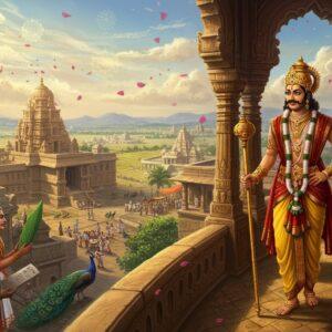 A majestic scene depicting an ancient Indian king Kakusthavarma in a richly detailed, gold-embroidered royal attire standing atop his palace balcony in Banavasi, Karnataka. He wears an ornate crown adorned with precious gems and pearls, holding a golden scepter. The architecture features intricate Kadamba-style carved pillars and arches with traditional motifs. In the background, a sprawling kingdom with temples, marketplaces, and flourishing fields extends to the horizon. The foreground shows scholars holding palm leaf manuscripts, suggesting intellectual prosperity. Ethereal golden light bathes the scene, with floating lotus petals and subtle mandalas in the sky. The color palette includes deep royal blues, rich maroons, and abundant gold accents. The art style combines traditional Hoysala temple carving aesthetics with modern digital art techniques, creating a seamless blend of historical accuracy and contemporary appeal. Soft glowing orbs of light illuminate the scene, while peacocks grace the royal courtyard below.