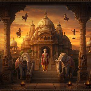A majestic ancient Indian palace complex in Kalyani architectural style, with soaring spires and intricate stone carvings, set against a dramatic sunset sky in deep saffron and royal blue. In the foreground, a regal Kalachuri king wearing elaborate gold-threaded royal attire and distinctive crown, standing on ornate marble steps. He's flanked by two expertly detailed stone elephants with jeweled decorations. The scene includes meticulously carved temple pillars showcasing Kalachuri-era sculptural style, with dancers and musicians in traditional attire. Floating Madhubani-style patterns frame the composition, incorporating period-accurate motifs and symbols of the dynasty. The lighting creates a golden hour effect, highlighting the architectural details and casting long, dramatic shadows. Traditional Indian geometric patterns and mandalas are subtly woven into the background. The overall scene combines historical accuracy with surreal, ethereal elements, including glowing diyas and floating lotus flowers. The art style merges hyperrealistic architectural details with stylized Indian miniature painting techniques, emphasizing the dynasty's grandeur and cultural sophistication.