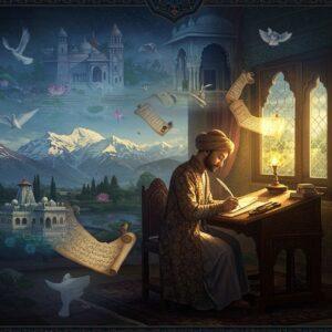 A majestic scene depicting a scholarly Indian man in traditional 12th-century Kashmiri attire (detailed silk robe with intricate patterns) seated at an ornate wooden desk near a window overlooking snow-capped Himalayan peaks. He's illuminated by warm golden light, writing with a traditional quill on ancient palm leaves. Around him, ethereal, translucent scenes from Kashmir's history float like spiritual visions - including the Martand Sun Temple, King Lalitaditya's court, and the Vitasta River. The room features detailed Kashmiri architecture with carved walnut wood panels and Persian-influenced motifs. Ancient manuscripts and scrolls with Sanskrit text float mystically around him, their edges glowing with a subtle blue aura. The entire scene is rendered in a fusion of traditional Kashmiri miniature painting style and modern digital art, with rich jewel tones of deep blue, gold, and burgundy. Intricate mandala patterns frame the composition, while lotus flowers and peaceful doves emerge from an ethereal mist in the background. The lighting is dramatic yet soft, creating a mystical atmosphere that suggests timelessness and wisdom.
