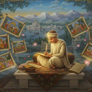 A majestic scene depicting a scholarly Indian man in traditional 12th-century Kashmiri attire (cream-colored dhoti and angavastram) seated cross-legged on an ornate marble platform, illuminated by golden ethereal light. He's writing on palm leaves with an intricate quill, surrounded by floating, translucent scrolls containing miniature scenes of ancient Kashmir. The background features a dreamlike vista of medieval Kashmir with snow-capped mountains, elaborate temples, and Dal Lake rendered in rich peacock blues and deep golds. Swirling patterns inspired by Kashmiri shawl designs frame the composition. Historical scenes materialize like memories in misty vignettes around him - royal courts, battles, and ceremonial processions, all illustrated in a fusion of traditional Kashmiri miniature painting style and modern digital art. Lotus flowers and Sanskrit manuscripts float ethereally, while soft light particles create a mystical atmosphere. The lighting combines warm golden hues with cool mountain blues, creating depth and drama. The style merges hyperrealistic details with surreal elements, rendered in rich jewel tones with metallic gold accents.