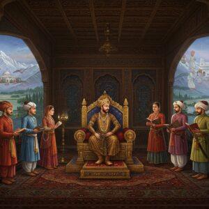 A majestic Kashmiri royal durbar scene set in an ornate palace hall with intricate wooden lattice work (khatamband ceiling) and carved walnut panels, showcasing a noble ruler from the Lohara Dynasty seated on an elevated golden throne. The ruler wears rich Kashmiri attire with intricate embroidery, adorned with precious gems and a distinctive crown. Around him are court scholars, with Kalhana prominently featured holding ancient manuscripts, dressed in period-accurate 12th century Kashmiri robes. The scene is illuminated by traditional brass oil lamps casting a warm golden glow. The background features detailed Madhubani-style artwork depicting the snow-capped peaks of Kashmir, flowing rivers, and saffron fields. Floating ethereal elements show metaphorical scenes of warfare, temple construction, and cultural achievements in a dreamy, translucent style. The color palette focuses on rich royal blues, burgundy, gold, and saffron. Persian-Kashmir fusion architectural elements frame the scene with intricate geometric patterns. Artistic style merges historical accuracy with mystical surrealism, rendered in high-detail digital art with elements of traditional Indian miniature painting techniques.