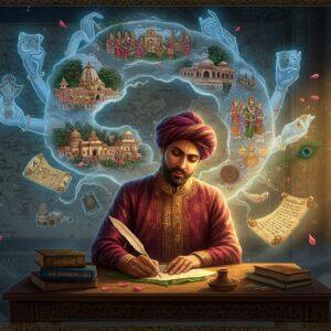 A majestic Indian scholar in rich medieval Kashmiri attire (deep maroon and gold brocade) sits at an ornate wooden desk, illuminated by warm golden light streaming through an ancient temple window. He's writing with a traditional quill on palm leaves, while ethereal, translucent scenes from Kashmir's history float above him in a spiral pattern. The scenes show kings, battles, and temple constructions in Madhubani art style. Around him, detailed architectural elements of 12th century Kashmir emerge from swirling mists. Ancient manuscripts and scrolls with intricate Sanskrit text hover in the air, their edges glowing with a subtle blue aura. The background features a stylized map of medieval Kashmir in gold filigree work. Multiple ghostly hands emerge from a mandala behind him, holding various historical artifacts and royal seals. The overall scene is rendered in rich jewel tones (deep blues, royal purples, and burnished golds), with elements of both Kashmiri and classical Indian artistic styles. Floating lotus petals and peacock feathers add movement and mystical elements to the composition. The lighting creates a dramatic interplay of light and shadow, emphasizing the scholarly and historical atmosphere.