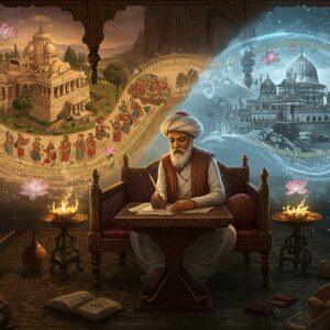 A majestic scene depicting an ancient Indian scholar-sage Kalhana seated in a traditional Kashmir-style wooden pavilion with intricate carved details, wearing period-accurate 12th-century Kashmiri attire. He's illuminated by warm golden light, writing on palm leaves with a quill. Around him floats a dreamlike visualization of Kashmir's history: on one side, a hyper-realistic scene of the grand Martand Sun Temple in its original glory, while the other side shows its current ruins, connected by swirling, ethereal energy. In the background, a massive timeline scroll unfolds like a river, featuring miniature scenes of kings, battles, and court life in Madhubani art style. The foreground features ancient manuscripts and historical artifacts scattered artistically. The color palette combines deep royal blues, rich golds, and warm earthy tones of traditional Kashmiri art. Ethereal floating lotuses and Persian-influenced geometric patterns frame the composition. The lighting creates a mystical atmosphere with soft glows and dramatic shadows, suggesting the interplay between historical fact and legendary tales. The art style merges traditional Indian miniature painting techniques with modern digital fantasy art aesthetics, ultra-detailed, cinematic composition, trending on artstation.