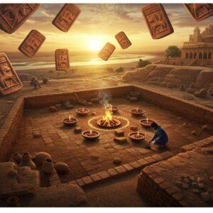 A mesmerizing aerial view of an intricately detailed ancient Indus Valley cityscape at sunset, featuring the distinctive grid-pattern streets of Kalibangan in rich terracotta and earthen tones. In the foreground, a beautifully detailed Indian archaeologist in modern clothing (navy blue kurta) carefully excavates a fire altar with seven kalashas arranged in a typical Kalibangan pattern. The scene is illuminated by golden-hour sunlight, casting long shadows across the excavated ruins. Multiple terracotta seals with unicorn motifs and geometric patterns float ethereally in the air, rendered in the style of traditional Madhubani art but with a modern digital twist. The background showcases the Ghaggar River (ancient Saraswati) flowing with sparkling waters, with detailed mud-brick structures and a grand citadel rising on the higher ground. Intricate patterns of excavated pottery, bangles, and chess-like game pieces swirl through the composition. The artwork combines hyperrealistic archaeological details with mystical elements, using a palette of deep ochres, burnt sienna, gold, and peaceful blue tones. Soft glowing mandalas hover in the sky, suggesting the site's spiritual significance. The overall composition should have a cinematic quality with dramatic lighting and depth.