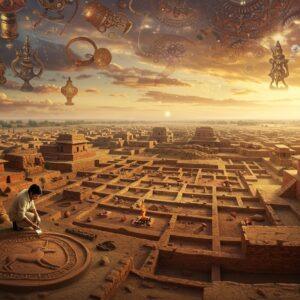 A stunning aerial view of an ancient Indus Valley city at golden hour, featuring meticulously detailed terracotta-colored buildings, grid-pattern streets, and ritualistic fire altars in Madhubani art style. In the foreground, an elegantly dressed Indian archaeologist in contemporary clothing (khaki shirt and pants) carefully brushes away sand from a perfectly preserved clay seal showing a unicorn motif. The scene is illuminated by warm, ethereal light, with swirling patterns of traditional Pattachitra art style in the sky, depicting fragments of discovered artifacts - dancing girl bronze statues, pottery shards, and shell bangles in deep peacock blue and burnished gold. Multiple layers of excavated streets visible in cross-section, showing the civilization's different periods in rich saffron and maroon hues. Mystical glowing mandalas hover above the site, connecting past to present. The composition includes intricate geometric patterns of the Harappan drainage system, with lotus motifs emerging from ancient wells. Hyperrealistic textures of mud bricks and weathered pottery, enhanced with surreal artistic elements of floating archaeological tools transformed into spiritual symbols. The scene captures both archaeological precision and spiritual connection to ancient wisdom.