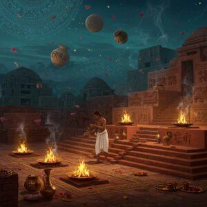 A mystical ancient Indus Valley city scene at twilight, featuring a detailed terracotta-colored stepped platform with fire altars emanating golden flames. In the foreground, an intricately detailed priest figure in white cotton dhoti performs a sacred ritual, surrounded by carefully arranged copper vessels and shell bangles. The background showcases precise geometric Kalibangan architecture with characteristic burnt brick structures and wells. Multiple stone unicorn seals and pottery with indigenous Harappan symbols float ethereally in spiraling patterns. The scene is illuminated by an otherworldly glow, with swirling mandalas in deep indigo and burnished gold overlaying the composition. Sacred bull motifs and trefoil patterns emerge from the shadows. The art style combines hyperrealistic architectural details with Madhubani-inspired decorative elements, featuring a rich color palette of terracotta red, ivory, deep turquoise, and metallic gold. Floating lotus petals and thin trails of ritual smoke add movement and mystery. The lighting emphasizes the spiritual atmosphere with soft golden rays filtering through the smoke.