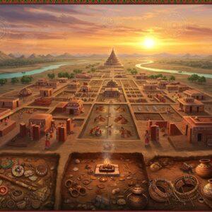 A majestic aerial view of an intricately detailed ancient Kalibangan settlement during sunset, rendered in rich Madhubani-inspired art style. The scene shows parallel streets forming a perfect grid pattern, with terracotta houses and circular fire altars in deep earthy reds and browns. In the foreground, a detailed archaeological excavation scene reveals painted pottery, shell bangles, and copper tools in metallic hues. The composition includes flowing Saraswati River in ethereal turquoise blue, with sacred ploughed fields showing the earliest evidence of farming. Mystical golden light bathes the scene, creating dramatic shadows. Traditional Indian patterns and motifs adorn the borders, featuring intricate geometric designs in saffron, deep maroon, and peacock blue. The sky features surreal elements with floating mandalas and spiritual symbols in soft pastels. The scene is enhanced with subtle glowing effects, depicting both the archaeological and spiritual significance of the site. Hyper-detailed digital art style with photorealistic textures blended with traditional Indian art elements.
