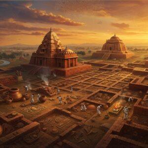 A majestic aerial view of an ancient Indian city at sunset, meticulously detailed with Indus Valley architectural elements, featuring burnt-red brick structures, grid-pattern streets, and a prominent citadel in Madhubani art style. The foreground shows archaeologists carefully excavating artifacts, with intricate pottery, seals, and bangles emerging from the earth in rich terracotta hues. Fire altars and wells are visible in the settlement. Ethereal golden light bathes the scene, creating long shadows across the excavation site. Detailed patterns of ancient Harappan symbols float in the air like ghostly manuscripts. The sky features a blend of deep saffron and peacock blue, with subtle mandalas appearing in the clouds. The scene is framed by stylized motifs of wheat stalks and river patterns, representing the agricultural significance. Photorealistic texturing meets traditional Indian art patterns, with a mystical, archaeological atmosphere enhanced by soft glowing orbs of light around significant artifacts. The color palette focuses on earthy terracotta, burnished gold, deep maroon, and celestial blue tones.