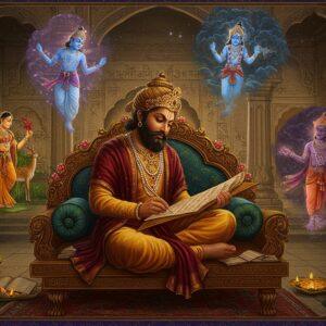 A majestic portrait of Kalidasa in royal Indian attire (deep maroon and gold dhoti, intricate crown) seated on an ornate wooden throne in a classical Gupta-era courtyard. He's writing on a palm leaf manuscript with a golden pen, surrounded by floating visualizations of his works - a ethereal Shakuntala in a forest garden with a deer beside her, the cloud messenger (Meghaduta) depicted as a mystical dark cloud formation carrying love letters, and Uma-Maheshwar from Kumarasambhava glowing in celestial light. The background features ancient Sanskrit inscriptions etched in stone walls, with blooming champak and jasmine flowers. Soft golden light filters through ornate pillars, creating dramatic shadows. The scene incorporates Madhubani-style decorative patterns in the borders, with peacocks, lotuses, and celestial dancers in miniature. The color palette combines rich jewel tones (deep blues, royal purples, and burgundy) with ethereal golden highlights. The art style should blend classical Indian miniature painting techniques with modern digital art finesse, emphasizing the timeless nature of Kalidasa's works.