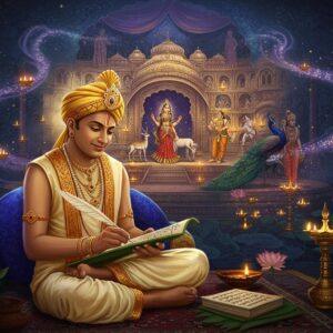 A regal Indian man in elegant cream-colored dhoti and golden uttariya, sitting cross-legged on an ornate marble throne-like seat, writing with a golden quill on palm leaves. He has a serene expression, adorned with tilak and royal jewelry. Behind him, a ethereal backdrop features a massive intricately carved theater stage with performers enacting scenes from Abhijnanashakuntalam - a beautiful damsel with deer and peacocks, and Meghaduta's yaksha pointing to monsoon clouds. The scene is illuminated by warm golden light and floating diyas. Artistic elements include blooming lotus flowers, peacock feathers, and swirling Sanskrit verses transforming into magical wisps. The art style combines classical Indian miniature painting techniques with modern digital art, featuring rich jewel tones of deep blue, royal purple, and burnished gold. Subtle mandala patterns and celestial elements frame the composition. The atmosphere is mystical and scholarly, with soft glowing orbs and translucent layers creating depth.