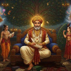 A majestic portrait of Kalidasa in royal ancient Indian attire (cream and gold dhoti, ornate uttariya) seated on an elaborately carved wooden throne, illuminated by warm golden light. In his right hand, he holds a golden quill pen, while his left hand rests on Sanskrit manuscripts. Around him, scenes from his famous works materialize like ethereal visions - Shakuntala with a deer in a emerald forest grove, the cloud messenger carrying love notes across misty mountains, and Urvashi dancing in a celestial court. The background features a massive Madhubani-style tree of knowledge with intricate patterns in peacock blue and deep maroon. Floating mandalas and stylized lotus motifs frame the composition. The artwork seamlessly blends classical Indian miniature painting techniques with modern digital art aesthetics. Multiple glowing oil lamps cast a divine aura, while peacock feathers and Sanskrit verses float ethereally in the air. The lighting is dramatic with golden rays filtering through ornate palace windows, creating a timeless, mystical atmosphere. The overall composition suggests both scholarly wisdom and creative genius, with rich cultural symbolism integrated throughout.