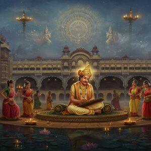 A majestic scene depicting the ancient Sanskrit poet Kalidasa in traditional royal attire (cream and gold dhoti, ornate shawl) seated on an intricately carved stone platform within the grand Mysore Palace courtyard. The palace architecture features Indo-Saracenic style with detailed golden domes and pillars. Kalidasa is writing on palm leaves while surrounded by classical Indian dance performers in vibrant Bharatanatyam costumes. The scene is illuminated by thousands of traditional oil lamps creating a warm golden glow. In the background, a large stylized mandala incorporating both Hoysala and Wodeyar artistic motifs floats ethereally. Mythological creatures from Kalidasa's works like celestial apsaras and kinnaras are subtly woven into the architectural details. The foreground features a sacred lotus pond reflecting the palace lights. The color palette focuses on rich royal colors - deep blues, golds, and maroons, with touches of emerald green. The entire scene is rendered in a fusion of traditional Mysore painting style and modern digital art techniques, with an emphasis on intricate details and luminous effects. The atmosphere carries a mystical, timeless quality with soft light rays and subtle fog effects.