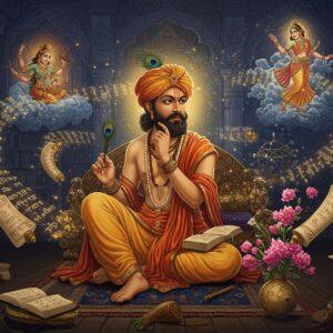 A majestic scene depicting the ancient Sanskrit poet Kalidasa in a traditional dhoti and angavastram, seated in a ethereal library setting with floating manuscripts and scrolls illuminated by golden light. He's portrayed as a thoughtful Indian scholar with sharp features, holding a peacock feather quill. Around him, scenes from his lesser-known works materialize like dream sequences - a celestial apsara dancing amidst clouds (from Meghaduta), intricate astronomical calculations and constellations (from Ritusamhara), and blooming seasonal flowers. The background features Madhubani-style patterns in deep indigo and gold, with subtle mandalas. Glowing Sanskrit verses float in spiraling patterns, transforming into visual metaphors - clouds, rivers, and celestial bodies. The color palette combines rich royal blues, burnished golds, and warm saffron tones. The lighting is dramatic with divine rays streaming through ornate temple windows, creating a mystical atmosphere. Small details include peacocks, lotus motifs, and astronomical symbols in the traditional Pattachitra style, modernized with digital art techniques and surreal elements.