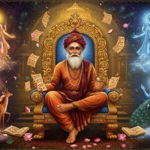 A majestic portrait of Kalidasa seated in an ornate golden throne, dressed in rich maroon silk dhoti and angavastram with intricate gold embroidery, surrounded by floating scrolls and manuscripts in Sanskrit. His face reflects deep wisdom and creativity, with a tilak on his forehead and a peaceful expression. To his right, a ethereal visualization of Meghaduta's love-struck Yaksha reaching toward clouds, rendered in soft blues and silvers. To his left, a scene from Shakuntala with a beautiful deer and celestial apsaras in flowing pastels. The background features a grand Gupta-era temple architecture merging into a cosmic mandala pattern with peacock motifs. Floating lotus flowers and peacock feathers frame the scene. The lighting is dramatic with golden rays filtering through, creating a divine atmosphere. The art style combines traditional Madhubani patterns in the borders with contemporary digital painting techniques, hyperrealistic facial features, and surreal elements. Soft orbs of light and mystical energy swirl around, connecting different elements of the composition. The color palette includes deep maroons, royal blues, lustrous golds, and gentle pastels.