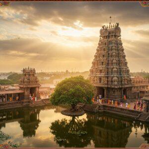 A majestic aerial view of Kanchipuram's Ekambareswarar Temple complex at golden hour, with its towering 11-story gopuram decorated with intricate Dravidian sculptures in rich maroon and gold. The foreground features a serene temple tank reflecting the structure, surrounded by blooming lotus flowers. Multiple smaller shrines and mandapas with detailed stone carvings dot the complex. A mystical ethereal light bathes the scene, with rays of sunlight breaking through clouds, creating divine beams. The ancient mango tree with 3500 years of history stands prominently, its branches adorned with small oil lamps. In the mid-ground, devotees in traditional Tamil attire circumambulate the temple, their silk sarees and dhotis catching the golden light. Intricate Madhubani-style patterns frame the scene, incorporating traditional South Indian motifs like peacocks, elephants, and geometric designs in deep peacock blue and saffron. The atmosphere is dreamy with subtle smoke from temple incense creating a mystical haze, while maintaining photorealistic architectural details of the temple structure. Soft glowing mandalas float in the sky, adding a spiritual dimension to the scene.
