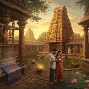 A majestic aerial view of Kanchipuram at golden hour, centered around the towering gopuram of Ekambareswarar Temple with its intricate Dravidian architecture in rich gold and saffron tones. In the foreground, a young Indian couple in modern clothing (man in casual shirt and woman in contemporary kurta) consults a digital map on their phone. To their left, an elderly silk weaver works on a traditional wooden loom creating vibrant Kanchipuram silk in peacock blue and maroon with intricate zari work. The scene is framed by blooming temple trees and floating lotus flowers. The background features a ethereal collage of iconic Kanchipuram elements - the Kailasanathar temple's sculptured walls, sacred temple tanks with reflecting water, and local women in traditional silk sarees walking through ancient stone pillared corridors. Soft glowing diyas and morning mist add a mystical atmosphere. The art style combines traditional Pattachitra patterns in the architecture with modern digital art techniques, creating a seamless blend of ancient and contemporary elements. The lighting is warm and golden, with subtle rays of sunlight filtering through the temple towers. The entire scene is rendered in a surreal, dreamy quality with deep, rich colors and detailed architectural patterns.