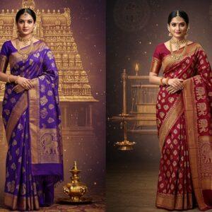 A stunning split-screen composition showcasing two elegant Indian women side by side, divided by an ornate golden zari border design. On the left, a woman wearing a classic Kanchipuram silk saree in deep royal purple with traditional temple border motifs and peacock designs woven in pure gold zari. On the right, a woman in a magnificent Kanjivaram silk saree in rich maroon with intricate elephant and lotus patterns in silver zari. Both women adorned with traditional South Indian temple jewelry - complete with jhumkas, necklaces, and bangles. The background features ethereal floating mandala patterns, with one side showing the iconic Kanchipuram Ekambareswarar Temple silhouette and the other displaying traditional Tamil Nadu weaving looms. Soft, glowing golden light illuminates the scene, highlighting the rich texture and sheen of the silks. The composition maintains symmetry with mirror-like reflection, creating a harmonious blend of traditional craft and modern aesthetic. Art style combines hyperrealistic fabric details with mystical Indian art elements, rendered in 8K quality with cinematic lighting.