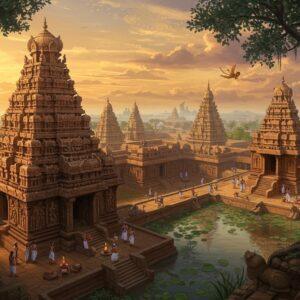 A majestic aerial view of ancient Kanchipuram during golden hour, showing interconnected Pallava-era temples with their distinct stepped pyramid-style vimanas. The Shore Temple's grandiose structure dominates the foreground, rendered in warm sandstone colors with intricate traditional Pallava-style stone carvings. Multiple levels of temples feature detailed reliefs of divine beings and mythological scenes. Soft, ethereal light filters through morning mist, creating a mystical atmosphere. The scene includes small groups of devotees in period-accurate clothing (7th-8th century CE) performing rituals. Sacred lotus ponds reflect the temple spires. The artwork combines hyperrealistic architectural details with Madhubani-style decorative elements in the sky, where sunset clouds form subtle mandala patterns. The color palette focuses on deep oranges, earthy browns, and golden highlights, with accents of peaceful blue in the water bodies. The scene is framed by ancient banyan trees with hanging roots, their leaves painted in traditional Pattachitra style. Flying celestial beings (apsaras) carved in stone appear to come alive in the mystical lighting.