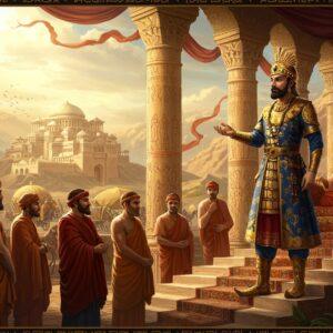 A majestic portrait of Emperor Kanishka in ornate Kushan royal attire, wearing his distinctive tall boots and flowing caftan embellished with gold patterns, standing atop a grand staircase of his palace in Purushapura. He wears his characteristic tall crown adorned with sun and moon symbols. The scene shows him holding court with Buddhist monks, Greek philosophers, and Indian scholars gathered below, symbolizing his empire's cultural synthesis. The background features intricate Gandharan architecture merging Greek and Indian styles, with carved reliefs depicting Buddhist stories. The lighting is dramatic with warm golden rays filtering through ornate pillars, creating an ethereal atmosphere. Multiple trade caravans with silk, spices, and horses visible in the distance represent the Silk Route. The art style combines traditional Gandharan art elements with modern digital aesthetics, featuring rich colors like royal blue, burgundy, and gold. Intricate mandala patterns and lotus motifs frame the scene, while floating ribbons with Brahmi script add movement. The overall composition emphasizes grandeur, power, and cultural harmony of the Kushan Empire.