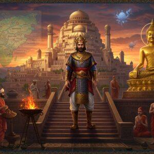 A majestic scene depicting Emperor Kanishka the Great standing atop ornate palace steps, wearing elaborate Kushan royal attire with Central Asian influences, gold-threaded robe, and distinctive tall boots. He's crowned with the characteristic Kushan crown decorated with sun and moon symbols. To his right stands a golden Buddha statue in Gandharan style with Greco-Indian features, to his left a Zoroastrian fire altar with dancing flames. Behind him rises a grand palace combining Greco-Buddhist and Indian architectural elements with intricate geometric patterns. The background shows a stylized map of the Kushan Empire with trade routes marked by golden threads. The scene is illuminated by a dramatic sunset creating a rich palette of deep maroons, royal blues, and burning golds. Small details include merchants with silk and spices, Buddhist monks, and Hindu priests showing religious harmony. The art style merges traditional Madhubani patterns in the borders with modern digital aesthetics, rendered in rich jewel tones. Floating ethereal lotus flowers and mandalas frame the composition, while subtle sacred geometry patterns connect different elements. The lighting creates a mystical atmosphere with soft glows around sacred elements, hyperrealistic textures for fabrics and metals.