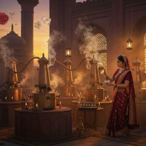 An ethereal scene of a traditional Indian perfume distillery at sunset, featuring ornate copper degs (traditional stills) arranged in a circular pattern, with golden steam rising in delicate swirls. In the foreground, a beautiful Indian woman in a deep maroon and gold silk saree performs the traditional art of attar making, her hands gracefully holding a decorative crystal bottle. The scene is illuminated by warm, glowing lanterns and the last rays of sunlight filtering through intricately carved jharokha windows. Floating in the air are translucent, stylized motifs of Indian flowers - roses, jasmine, and kewda - rendered in Madhubani style. The background showcases detailed architectural elements of ancient Kannauj, with geometric Islamic patterns merged with Hindu temple architecture. Rich, deep colors dominate - amber, saffron, deep purple, and burnished gold - while soft pastel undertones create depth. Delicate tendrils of fragrant smoke form mandala patterns in the air, backlit by a golden halo effect. The scene is rendered in a dreamy, slightly surreal style, combining hyperrealistic details with ethereal lighting and traditional Indian art elements.