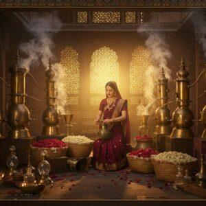A mesmerizing Indian marketplace scene in ancient Kannauj, featuring ornate brass and copper perfume distillation equipment in the foreground, with intricate traditional ittar bottles made of crystal and brass arranged artistically. The background shows a magnificent medieval Indian palace with detailed Nagara architecture style. In the center, an elegantly dressed Indian female perfumer in a deep maroon silk saree with gold border creates perfumes using traditional methods, surrounded by heaps of fresh roses, jasmine, and kewda flowers in woven bamboo baskets. Steam rises mystically from copper deg bhapka apparatus, creating a dreamy atmosphere. The scene is illuminated by warm golden sunlight filtering through ornate latticed windows, casting intricate shadow patterns. Multiple brass urns with fragrant smoke swirls create an ethereal effect. The color palette features rich golds, deep crimsons, burnished copper, and royal blues, with traditional Madhubani-style border patterns framing the scene. The lighting is dramatic with soft glowing highlights on the metalwork and floating flower petals, creating a magical, immersive atmosphere that blends historical accuracy with mystical beauty.