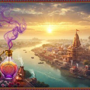 A mystical aerial view of Kannauj city at golden hour, with ancient temple spires and minarets emerging from morning mist. In the foreground, a beautifully detailed traditional glass perfume bottle with intricate gold filigree work releases swirling, colorful vapors forming ethereal patterns in the air. The vapors take shapes of traditional Indian motifs in deep purple, saffron, and rose pink. The landscape shows the meandering Ganga river in soft turquoise, dotted with small boats and ghats along its banks. Traditional perfume-making vessels and copper deghs are artistically scattered in the scene, with delicate steam rising from them. Surrounding the city are fields of roses, jasmine, and other aromatic flowers in soft watercolor style, creating a carpet of pastels. The sky features a dramatic sunrise with golden rays piercing through clouds, illuminating the historic architecture. Art style combines hyperrealistic digital painting with traditional Madhubani patterns in the borders and decorative elements. The overall mood is mystical and inviting, with an emphasis on the city's perfume heritage through visual storytelling.