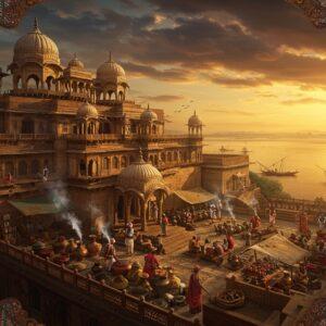 A majestic aerial view of ancient Kannauj at golden hour, featuring a grand palace complex with intricate Gupta-era architecture in the foreground. The palace has multiple levels with carved pillars, ornate domes, and detailed jharokhas. In the middle ground, a bustling marketplace shows artisans crafting the famous Kannauj perfumes in traditional brass vessels, with delicate smoke wisps forming ethereal patterns. The scene includes traditional Indian traders in period-accurate clothing examining precious spices and attar. The Ganga river flows gracefully in the background, with boats carrying merchandise. The sky features a dramatic blend of deep saffron and peacock blue, with Madhubani-style sun patterns. Intricately detailed mandalas float in the corners, containing motifs of perfume bottles and trade routes. The lighting is warm and golden, casting long shadows across the ancient buildings. The art style combines hyperrealistic architectural details with stylized Pattachitra patterns in the decorative elements. Rich jewel tones of maroon, gold, and deep blue dominate the color palette, cinematic composition, 8k quality, highly detailed