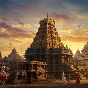 A majestic panoramic scene combining multiple eras of Karnataka's history, featuring a grand Hoysala-style temple with intricate carvings in the center, its golden spires reaching skyward. In the foreground, an ornate Vijayanagara-era stone chariot from Hampi gleams in warm sunlight. The scene transitions through time with architectural elements - from Badami cave temples on the left to the modern Vidhana Soudha on the right. The sky features a ethereal sunset with soft pastel oranges and purples, with stylized clouds forming traditional Mysore Peacock motifs. Traditional Yakshagana dancers in elaborate costumes perform in one corner, while modern tech professionals in contemporary Indian attire walk past in another. The scene is adorned with delicate Karnataka-style mandalas and traditional Kasuti embroidery patterns floating as ethereal overlays. The lighting is dramatic with golden hour warmth, highlighting the intricate stone work and architecture. The art style combines hyperrealistic architectural details with ethereal, surreal elements, rendered in rich colors of deep gold, royal blue, earth reds, and soft saffron. The composition flows like a visual timeline, with each element seamlessly blending into the next through ornate patterns inspired by Hoysala architecture.