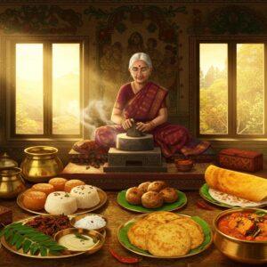 A grand traditional Karnataka-style kitchen with warm golden sunlight streaming through ornate wooden windows, where an elderly Indian woman in a traditional silk Ilkal saree (deep maroon with traditional border) sits cross-legged on a decorated wooden platform. She's grinding spices on an intricately carved stone grinder. Around her, arranged in a circular mandala pattern, are traditional brass and copper vessels containing iconic Karnataka dishes - Bisi Bele Bath steaming with aromatic vapor, glistening Mysore Pak pieces, perfectly round Ragi Mudde, golden-brown Mysore Masala Dosa, and fragrant Kodagu-style pork curry. The scene is adorned with fresh curry leaves, red chilies, and banana leaves arranged in geometric patterns. The background features hand-painted Kalamkari-style wall art depicting scenes from Karnataka's cultural history. The lighting is warm and ethereal, with specks of turmeric and spice dust dancing in the sunbeams. The overall composition follows Madhubani art style with modern digital rendering, using rich colors like deep mustard, forest green, and terracotta red. Small details include brass oil lamps, coconut graters, and traditional spice boxes (Masala Dabba) with intricate designs.