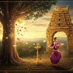 A majestic scene showcasing the grandeur of Karnataka with a massive, intricately carved golden Vijayanagara-style temple arch in the background, adorned with traditional Hoysala architecture motifs. In the foreground, a pristine sandalwood tree with detailed bark texture stands tall, its branches adorned with delicate gold-leaf patterns. A beautiful Indian woman in a traditional Karnataka-style silk saree (in deep purple and gold) performs the traditional Mysore palace-style bharatanatyam pose. The scene is illuminated by warm, ethereal light, creating a magical atmosphere. Floating elements include GI-tagged Mysore silk cocoons, coffee beans, and rose petals. The landscape features rolling hills of Coorg in the distance with coffee plantations. Decorative elements include traditional Bidri-work patterns and Mysore paintings style borders. The color palette focuses on rich gold, deep sandalwood brown, royal purple, and emerald green. The art style combines hyperrealistic details with ethereal, dreamy lighting and traditional Indian art elements. Lens flares and golden particles float in the air, creating a mystical atmosphere.