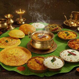 A lavish Indian feast spread on traditional banana leaves arranged in a circular mandala pattern, featuring iconic Karnataka dishes - golden-brown Mysore masala dosa, vibrant orange Bisi Bele Bath, glistening white Ragi Mudde, and deep red Chicken Curry. The center features an ornate brass serving vessel with steaming Rasam, creating a mystical steam effect. Traditional South Indian brass vessels and copper utensils arranged artistically around the spread. Intricately detailed food items with realistic textures - curry leaves, red chilies, and coconut garnishes visible. The scene is illuminated by warm, golden light from above, creating dramatic shadows. Background features subtle Mysore-style architectural elements and traditional Kalamkari patterns in muted tones. The composition includes delicate lotus motifs and flowing patterns inspired by Hoysala temple art. Rich, deep colors dominate - turmeric yellow, deep greens, earthy browns, and vibrant reds. Hyperrealistic food photography style merged with traditional Indian art elements, creating a modern yet cultural aesthetic. The scene should appear inviting and mouth-watering, with visible steam and aromatic effects.