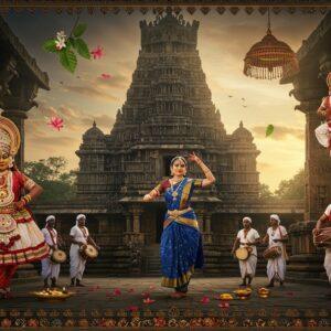 A majestic panoramic scene of Karnataka's cultural essence, featuring the intricate Hoysala-style Chennakeshava Temple of Belur in the background with its detailed stone carvings and sculptural marvels. In the foreground, a graceful Indian classical dancer in traditional Karnataka-style silk saree (in deep peacock blue and gold) performs Bharatanatyam with mudras. The scene transitions into a Yakshagana performer on one side, wearing elaborate costume with golden headgear and facial makeup, while on the other side, a group of Dollu Kunitha dancers in white and red attire perform with drums. Floating elements include delicate coffee flowers, sandalwood branches, and mysore jasmine garlands. The lighting creates a dramatic effect with golden hour warmth, highlighting the temple's architectural details. Intricate Madhubani-style border patterns frame the scene, incorporating Karnataka's traditional motifs like elephants and peacocks. The color palette focuses on rich golds, deep blues, earthy reds, and warm browns. A subtle overlay of digital artistry adds a modern, ethereal glow to the traditional elements, with light rays filtering through temple pillars.