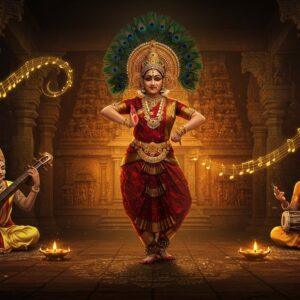 A mesmerizing scene of Indian classical dancers in traditional Karnataka attire performing Yakshagana, with elaborate peacock-feathered headgear, golden ornaments, and vibrant costumes in deep red and gold. The central dancer strikes a dramatic pose against a backdrop featuring an intricately carved ancient Karnataka temple architecture. To the left, a Gamaka artist plays the Veena with divine expression, while on the right, a Carnatic vocalist performs with closed eyes in deep musical meditation. The foreground features delicate rangoli patterns with floating lotus flowers. The scene is illuminated by warm, golden light filtering through ornate temple pillars, creating dramatic shadows. Ethereal swirls of musical notes rendered in golden light float through the air. The background incorporates elements of Mysore-style paintings with detailed borders and motifs. The overall composition blends traditional Karnatakan art elements with modern digital aesthetics, featuring a rich color palette of deep maroon, royal blue, gold, and saffron. The scene is enhanced with subtle spiritual symbols and mandalas glowing with soft light, creating an atmosphere of cultural grandeur and artistic devotion.