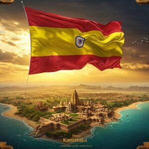 A majestic aerial view of Karnataka's landscape where the iconic yellow and red flag billows gracefully in the wind against a dramatic sunset sky. The flag, rendered in rich gold and deep crimson, dominates the upper portion of the scene. Below, a stylized landscape showcases Karnataka's diverse geography - the Western Ghats in deep emerald green, the coastal waters in turquoise blue, and the Deccan plateau in warm earthen tones. Ancient Hoysala temple architecture elements frame the corners with intricate stone carvings. The scene is illuminated by golden rays breaking through monsoon clouds, creating a ethereal atmosphere. Traditional Kannada artistic motifs like the Gandaberunda (two-headed eagle) appears as a subtle watermark in the background. The composition features a harmonious blend of traditional Mysore painting style with modern digital art techniques, with an emphasis on rich textures and metallic gold accents. The lighting creates a dynamic interplay of light and shadow, with the flag casting a symbolic protective shadow over the landscape.