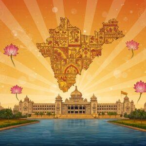A grand, panoramic illustration of Karnataka's landscape at sunrise, featuring the iconic Vidhana Soudha in Bangalore emerging from stylized golden rays. The building's neo-Dravidian architecture is intricately detailed with traditional Hoysala and Chalukya architectural elements. In the foreground, a flowing river in deep blue represents the Kaveri, decorated with Madhubani-style patterns. The state map of Karnataka appears as a ethereal, translucent overlay, filled with intricate Pattachitra-style motifs in saffron and deep maroon. Floating around the composition are symbols of Karnataka's heritage: the Mysore Maharaja's crown, Karnataka's state emblem, and the red and yellow state flag billowing majestically. The sky features subtle mandala patterns in pale gold, while lotus flowers in peacock blue and gold float in the corners. The entire scene is rendered in a fusion of traditional Indian art and modern digital aesthetics, with a warm color palette dominated by golden yellows, rich reds, and royal blues. Soft glowing orbs of light scatter across the scene, creating a mystical atmosphere.